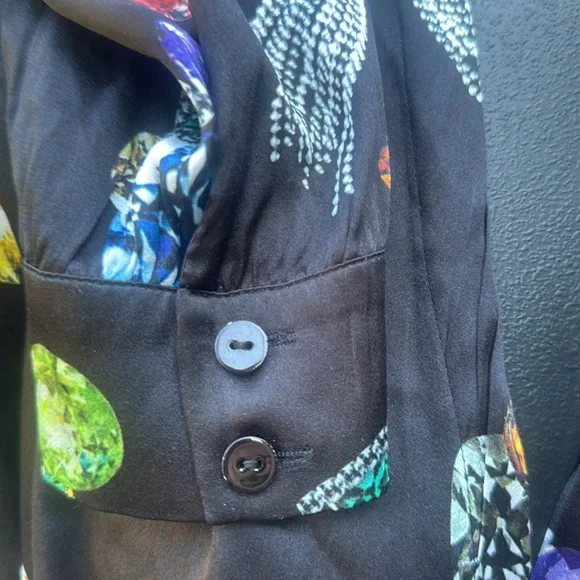 Jewel Printed Silk Waterfall Neckline Long sleeve Top Mob Wife Italian Lux Sz L - Picture 5 of 9